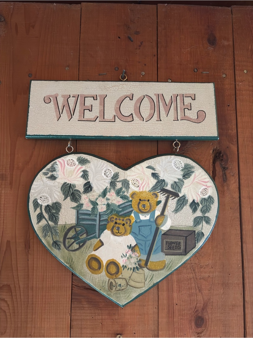 Welcome Heart-Shaped Wall Plaque with Bears in Pink and Blue - Handmade